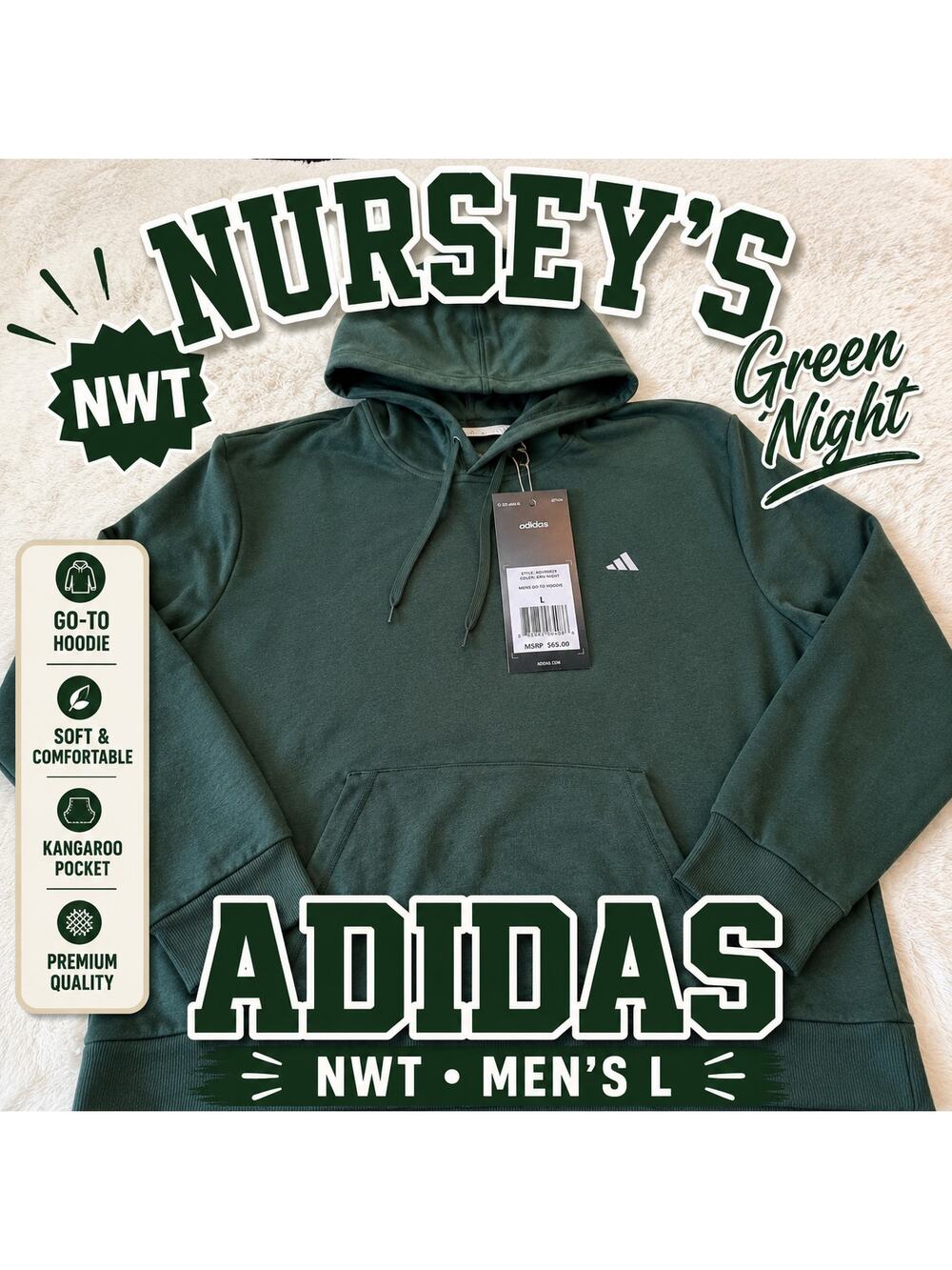 Adidas Go To Hoodie Green Night Mens Large NWT Pullover Sweatshirt